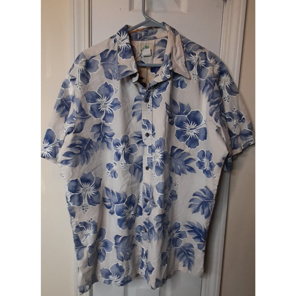 Paradise Bay Made in Hawaii USA Mens Hawaiian Floral Shirt Buttons XL Blue Tan